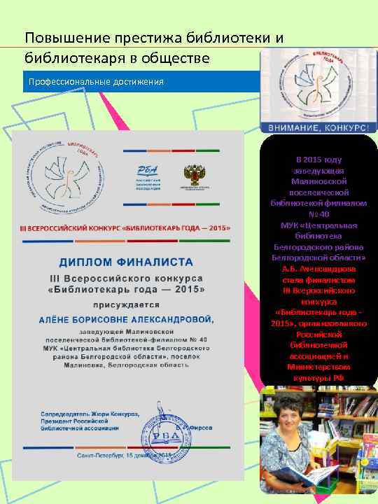 Повышение престижа библиотеки и библиотекаря в обществе Профессиональные достижения В 2015 году заведующая Малиновской