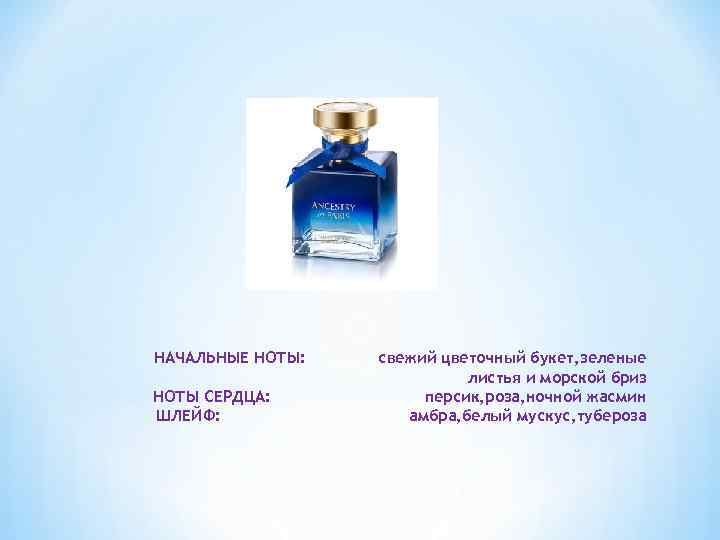 НАЧАЛЬНЫЕ НОТЫ: НОТЫ СЕРДЦА: ШЛЕЙФ: свежий цветочный букет, зеленые листья и морской бриз персик,