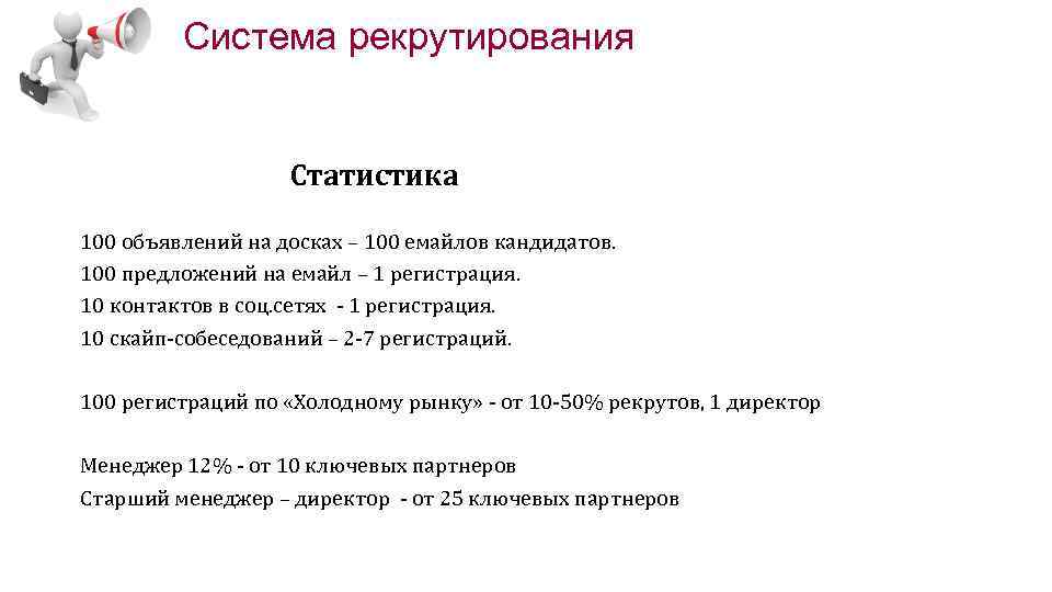 Система рекрутирования Статистика 100 объявлений на досках – 100 емайлов кандидатов. 100 предложений на