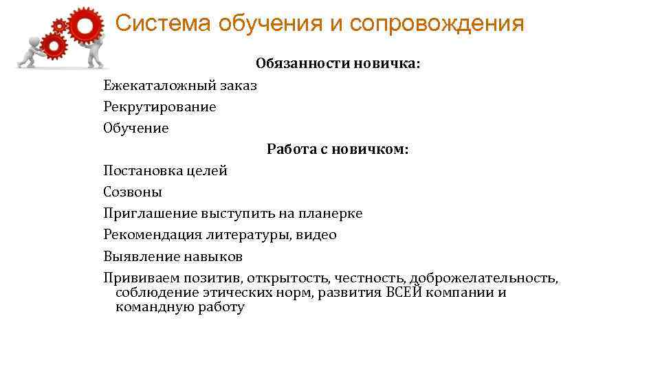 Система обучения и сопровождения Обязанности новичка: Ежекаталожный заказ Рекрутирование Обучение Работа с новичком: Постановка