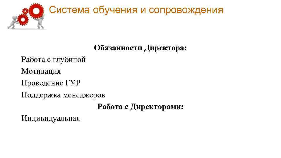 Система обучения и сопровождения Обязанности Директора: Работа с глубиной Мотивация Проведение ГУР Поддержка менеджеров