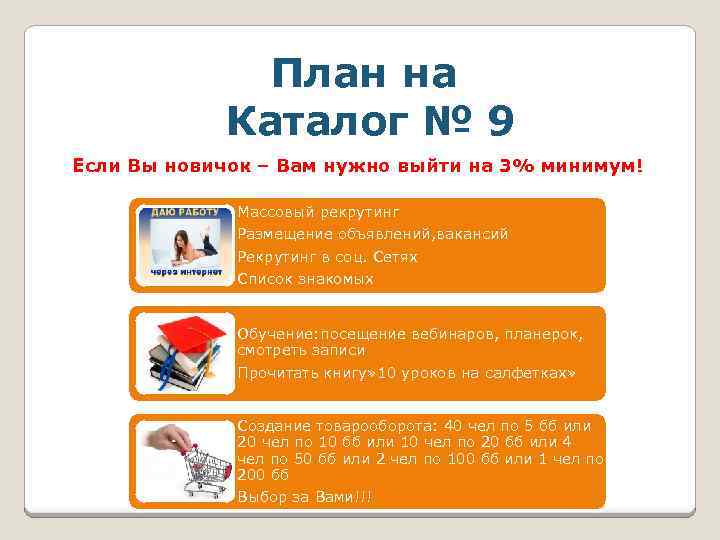 План на Каталог № 9 Если Вы новичок – Вам нужно выйти на 3%