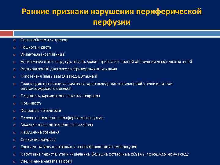 Ранние признаки нарушения периферической перфузии Беспокойство или тревога Тошнота и рвота Экзантема (крапивница) Ангиоэдема