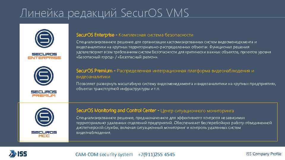 Линейка редакций Secur. OS VMS Secur. OS Enterprise - Комплексная система безопасности Специализированное решение