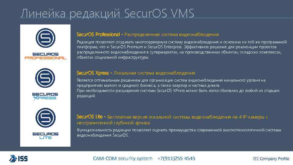 Линейка редакций Secur. OS VMS Secur. OS Professional - Распределенная система видеонаблюдения Редакция позволяет