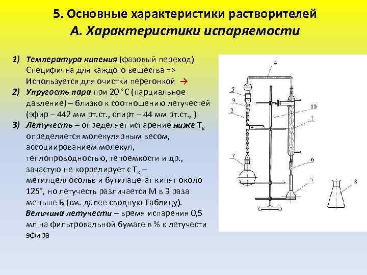 5. Основные характеристики растворителей А. Характеристики испаряемости 1) Температура кипения (фазовый переход) Специфична для