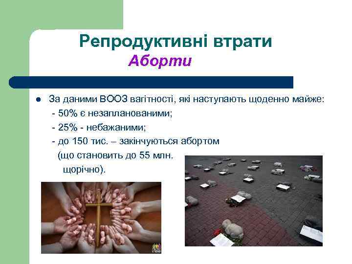  Репродуктивні втрати Аборти За даними ВООЗ вагітності, які наступають щоденно майже: - 50%