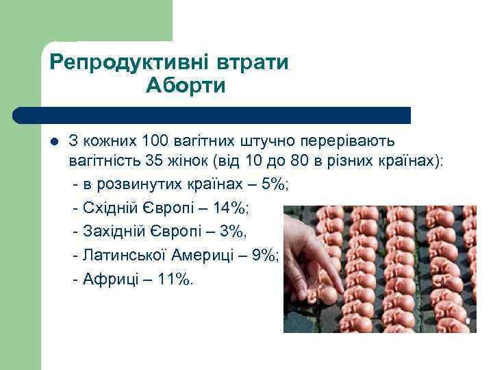 Репродуктивні втрати Аборти З кожних 100 вагітних штучно перерівають вагітність 35 жінок (від 10