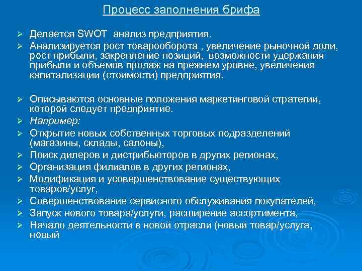 Процесс заполнения брифа Делается SWOT анализ предприятия. Анализируется рост товарооборота , увеличение рыночной доли,