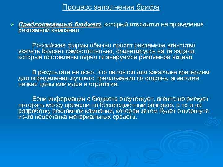 Процесс заполнения брифа Предполагаемый бюджет, который отводится на проведение рекламной кампании. Российские фирмы обычно