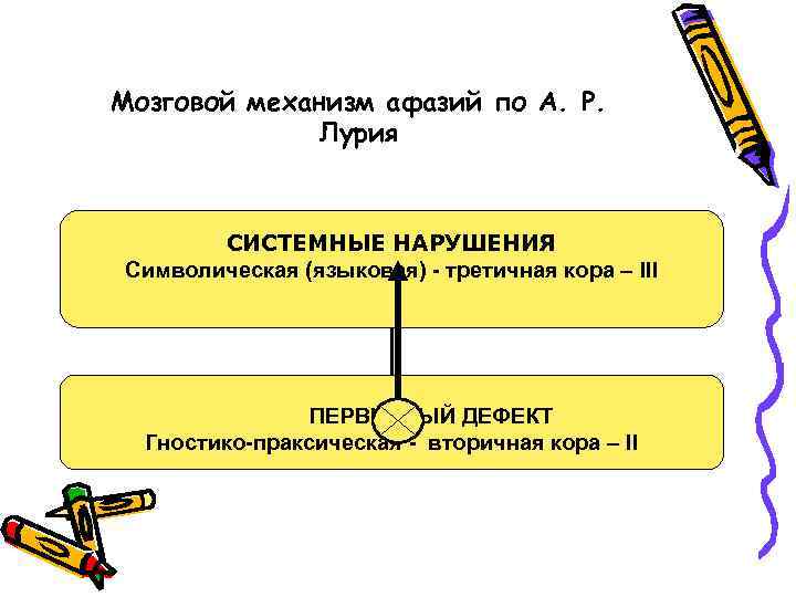 Мозговой механизм афазий по А. Р. Лурия СИСТЕМНЫЕ НАРУШЕНИЯ Символическая (языковая) - третичная кора
