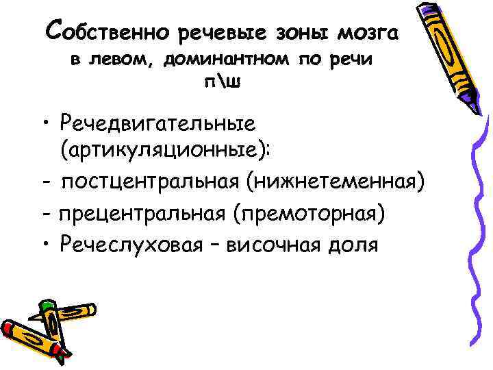 Собственно речевые зоны мозга в левом, доминантном по речи пш • Речедвигательные (артикуляционные): -