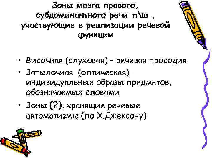 Зоны мозга правого, субдоминантного речи пш , участвующие в реализации речевой функции • Височная