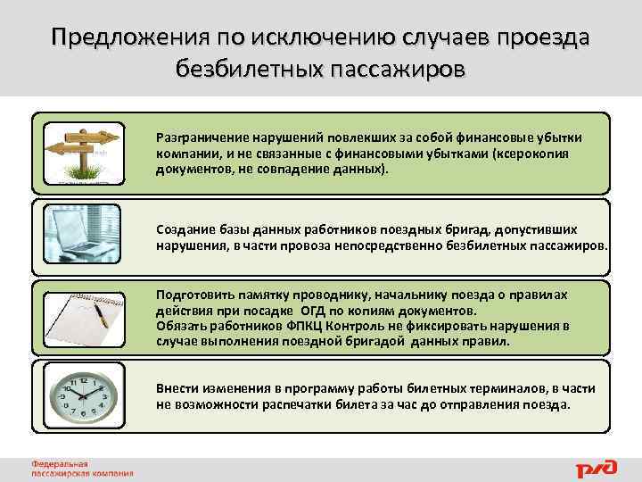 Предложения по исключению случаев проезда безбилетных пассажиров Разграничение нарушений повлекших за собой финансовые убытки