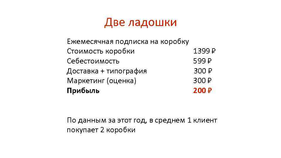 Две ладошки Ежемесячная подписка на коробку Стоимость коробки Себестоимость Доставка + типография Маркетинг (оценка)