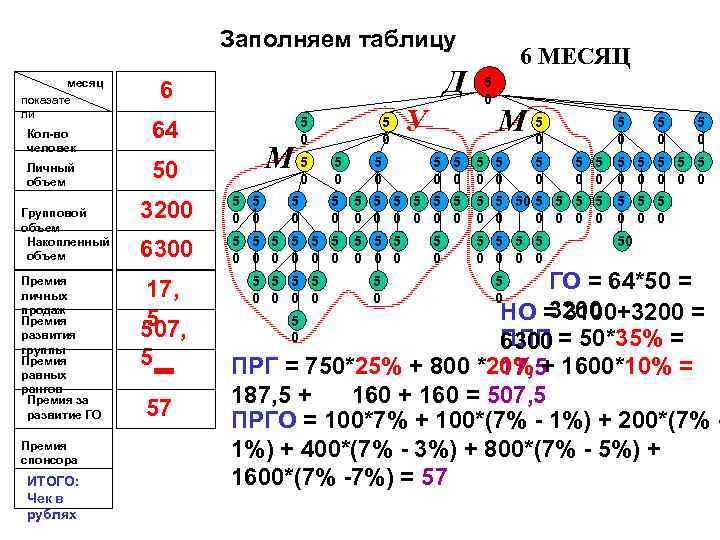 Заполняем таблицу месяц показате ли Кол-во человек Личный объем Групповой объем Накопленный объем Премия