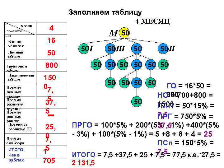 месяц показате ли Кол-во человек Личный объем Групповой объем Накопленный объем Премия личных продаж