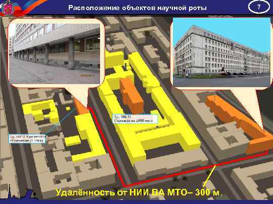 Расположение объектов научной роты Удалённость от НИИ ВА МТО– 300 м. 7 