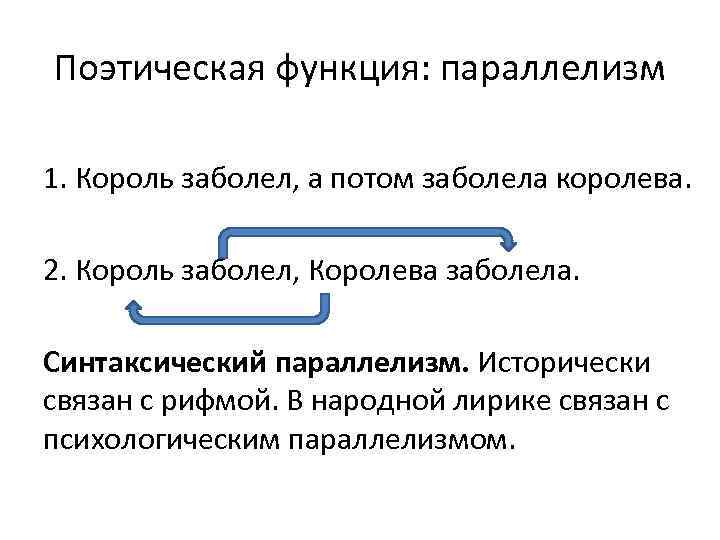 Поэтическая функция: параллелизм 1. Король заболел, а потом заболела королева. 2. Король заболел, Королева