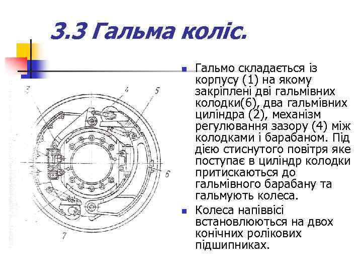 3. 3 Гальма коліс. n n Гальмо складається із корпусу (1) на якому закріплені