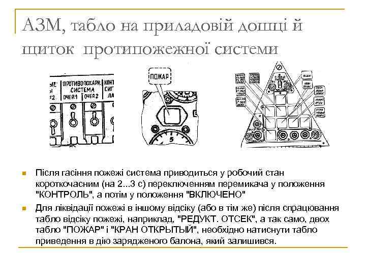 АЗМ, табло на приладовій дошці й щиток протипожежної системи n n Після гасіння пожежі
