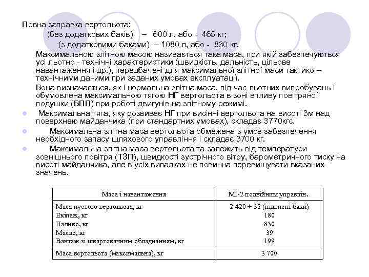 Повна заправка вертольота: (без додаткових баків) – 600 л, або - 465 кг; (з