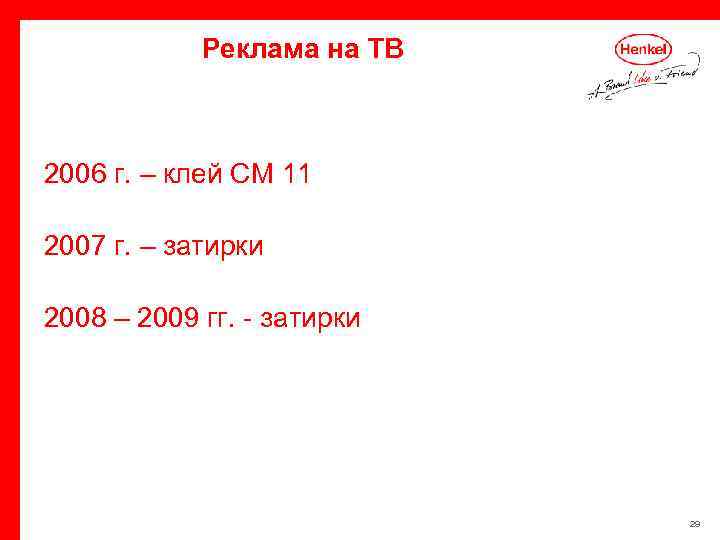 Реклама на ТВ 2006 г. – клей СМ 11 2007 г. – затирки 2008