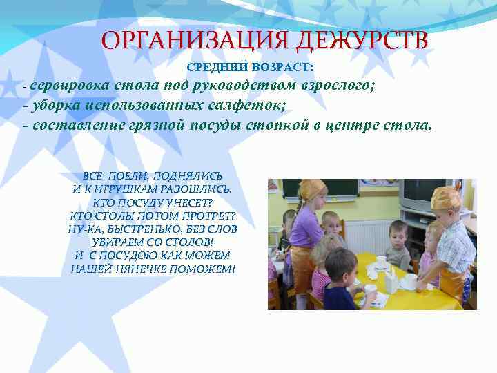 ОРГАНИЗАЦИЯ ДЕЖУРСТВ СРЕДНИЙ ВОЗРАСТ: - сервировка стола под руководством взрослого; - уборка использованных салфеток;