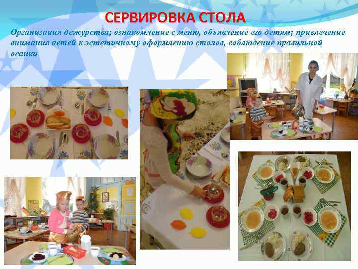 СЕРВИРОВКА СТОЛА Организация дежурства; ознакомление с меню, объявление его детям; привлечение внимания детей к
