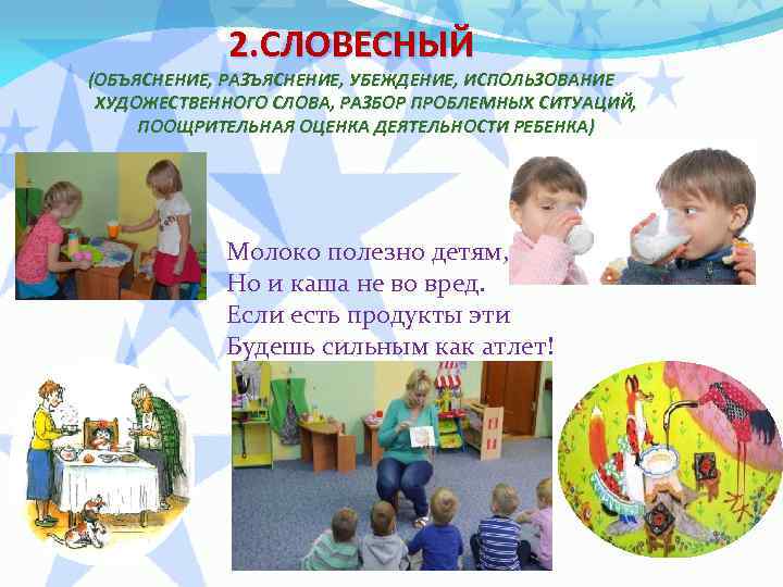 2. СЛОВЕСНЫЙ (ОБЪЯСНЕНИЕ, РАЗЪЯСНЕНИЕ, УБЕЖДЕНИЕ, ИСПОЛЬЗОВАНИЕ ХУДОЖЕСТВЕННОГО СЛОВА, РАЗБОР ПРОБЛЕМНЫХ СИТУАЦИЙ, ПООЩРИТЕЛЬНАЯ ОЦЕНКА ДЕЯТЕЛЬНОСТИ