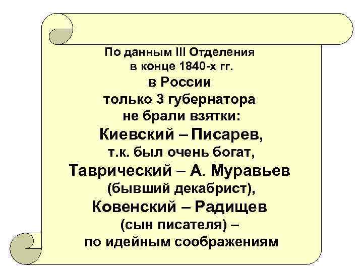 По данным III Отделения в конце 1840 -х гг. в России только 3 губернатора