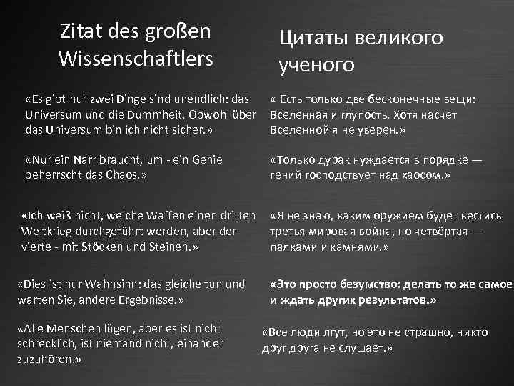 Zitat des großen Wissenschaftlers Цитаты великого ученого «Es gibt nur zwei Dinge sind unendlich: