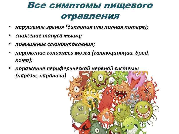 Все симптомы пищевого отравления нарушение зрения (диплопия или полная потеря); снижение тонуса мышц; повышение