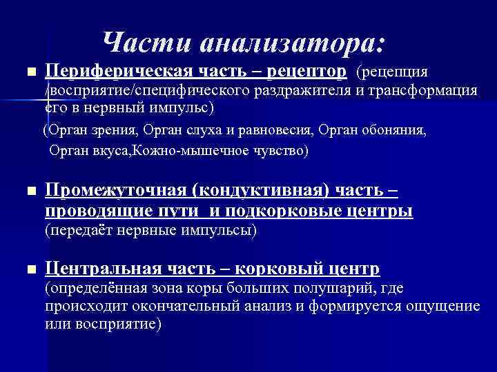 Части анализатора. Периферическая часть анализатора. Рецептора (периферической части анализатора). Функции периферической части анализатора. Часть анализатора, воспринимающая внешнее раздражение, - это.