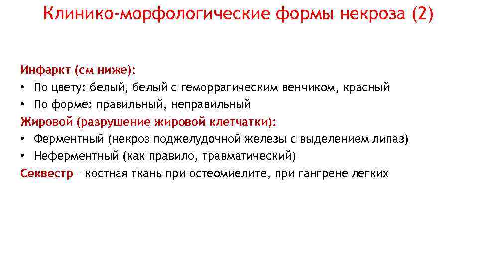 Клинико-морфологические формы некроза (2) Инфаркт (см ниже): • По цвету: белый, белый с геморрагическим