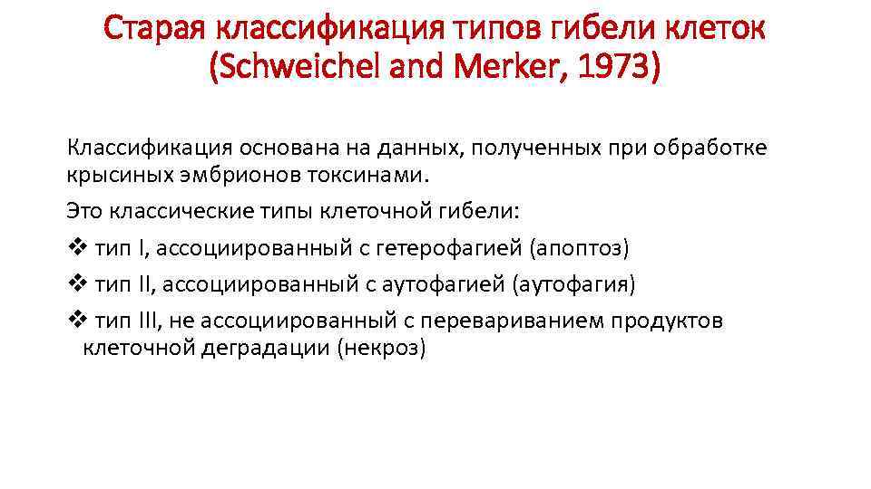 Старая классификация типов гибели клеток (Schweichel and Merker, 1973) Классификация основана на данных, полученных