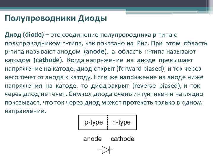 Полупроводники Диоды Диод (diode) – это соединение полупроводника p-типа с полупроводником n-типа, как показано