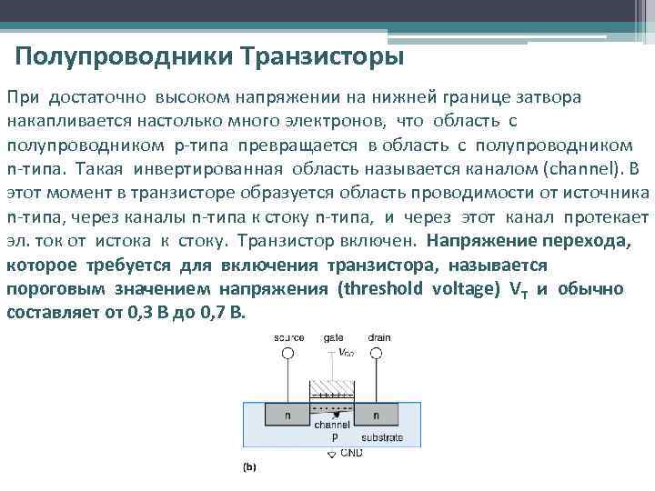 Полупроводники Транзисторы При достаточно высоком напряжении на нижней границе затвора накапливается настолько много электронов,