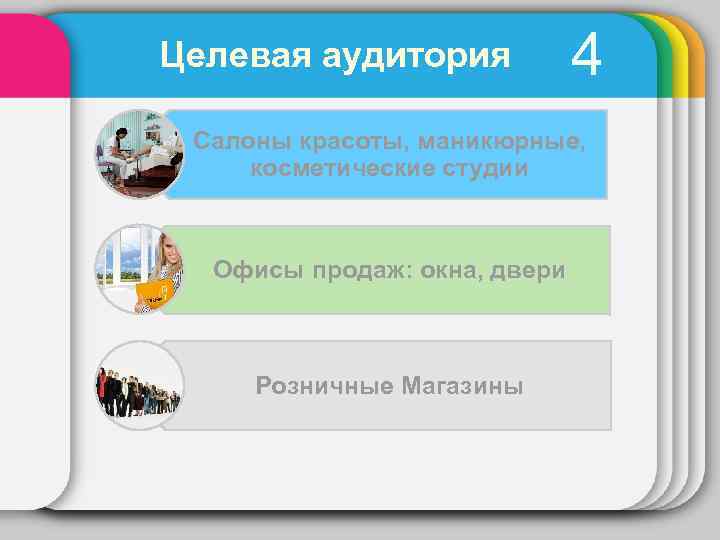 Целевая аудитория 4 Салоны красоты, маникюрные, косметические студии Офисы продаж: окна, двери Розничные Магазины