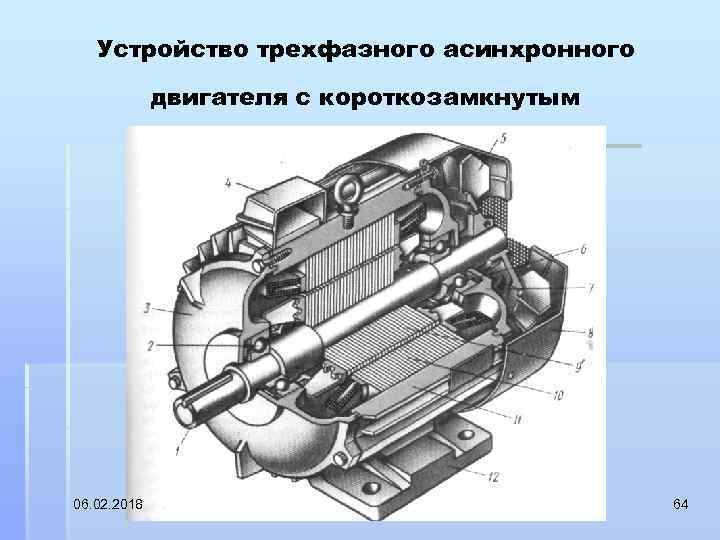 Устройство трехфазного асинхронного двигателя с короткозамкнутым 06. 02. 2018 64 