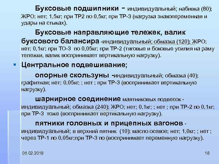 Буксовые подшипники индивидуальный; набивка (80); ЖРО; нет; 1, 5 кг; при ТР 2 по