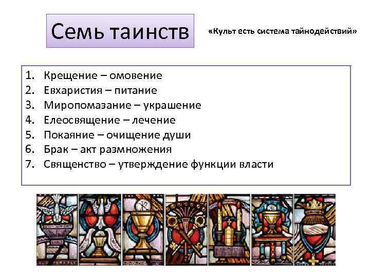 Семь таинств 1. 2. 3. 4. 5. 6. 7. «Культ есть система тайнодействий» Крещение