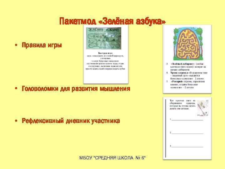 Пакетмод «Зелёная азбука» • Правила игры • Головоломки для развития мышления • Рефлексивный дневник
