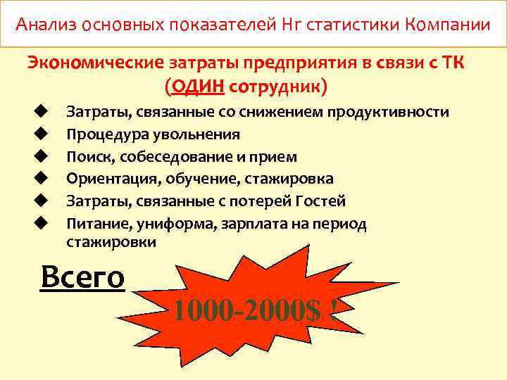 Анализ основных показателей Hr статистики Компании Экономические затраты предприятия в связи с ТК (ОДИН