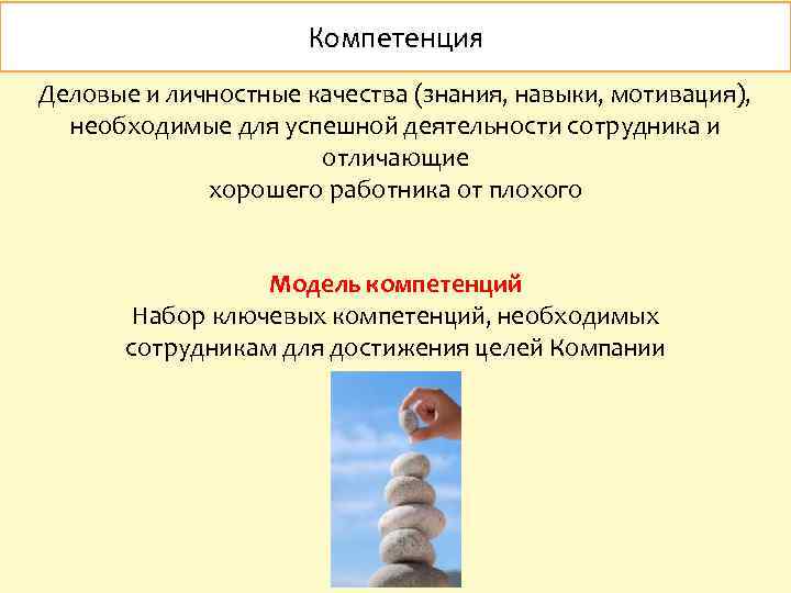 Компетенция Деловые и личностные качества (знания, навыки, мотивация), необходимые для успешной деятельности сотрудника и