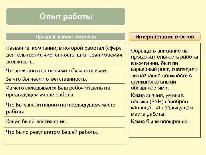 Опыт работы Предлагаемые вопросы Название компании, в которой работал (сфера деятельности), численность, штат ,