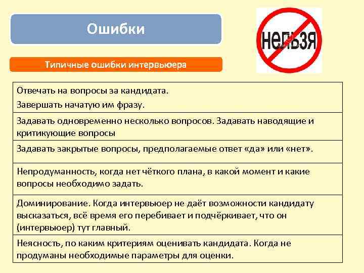 Ошибки Типичные ошибки интервьюера Отвечать на вопросы за кандидата. Завершать начатую им фразу. Задавать