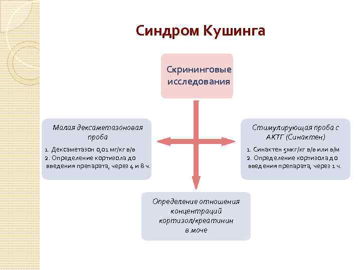 Синдром Кушинга Скрининговые исследования Малая дексаметазоновая проба Стимулирующая проба с АКТГ (Синактен) 1. Дексаметазон