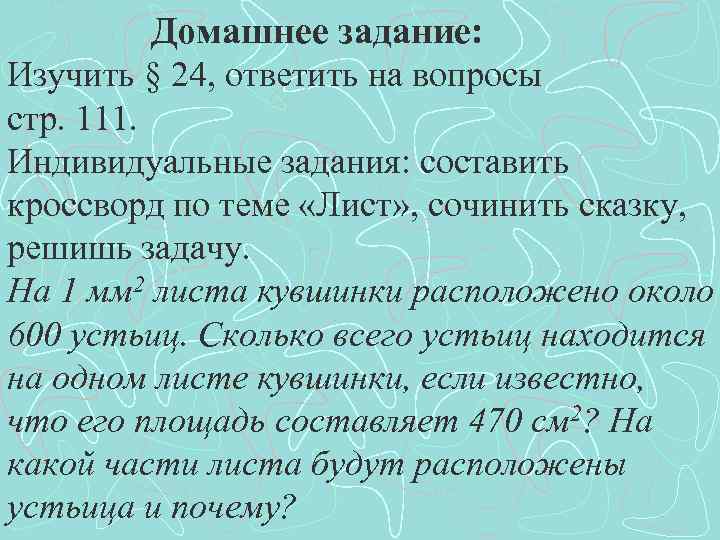 Домашнее задание: Изучить § 24, ответить на вопросы стр. 111. Индивидуальные задания: составить кроссворд
