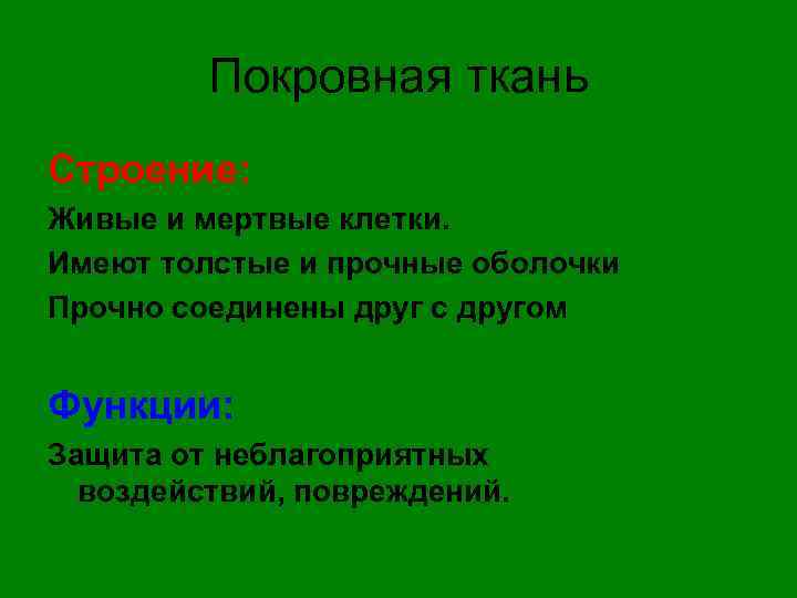Покровная ткань Строение: Живые и мертвые клетки. Имеют толстые и прочные оболочки Прочно соединены
